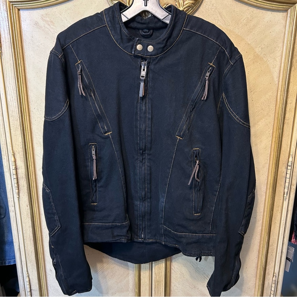 Black Denim Stitched Zippers Padded Side Laced Riding Moto Jacket Coat